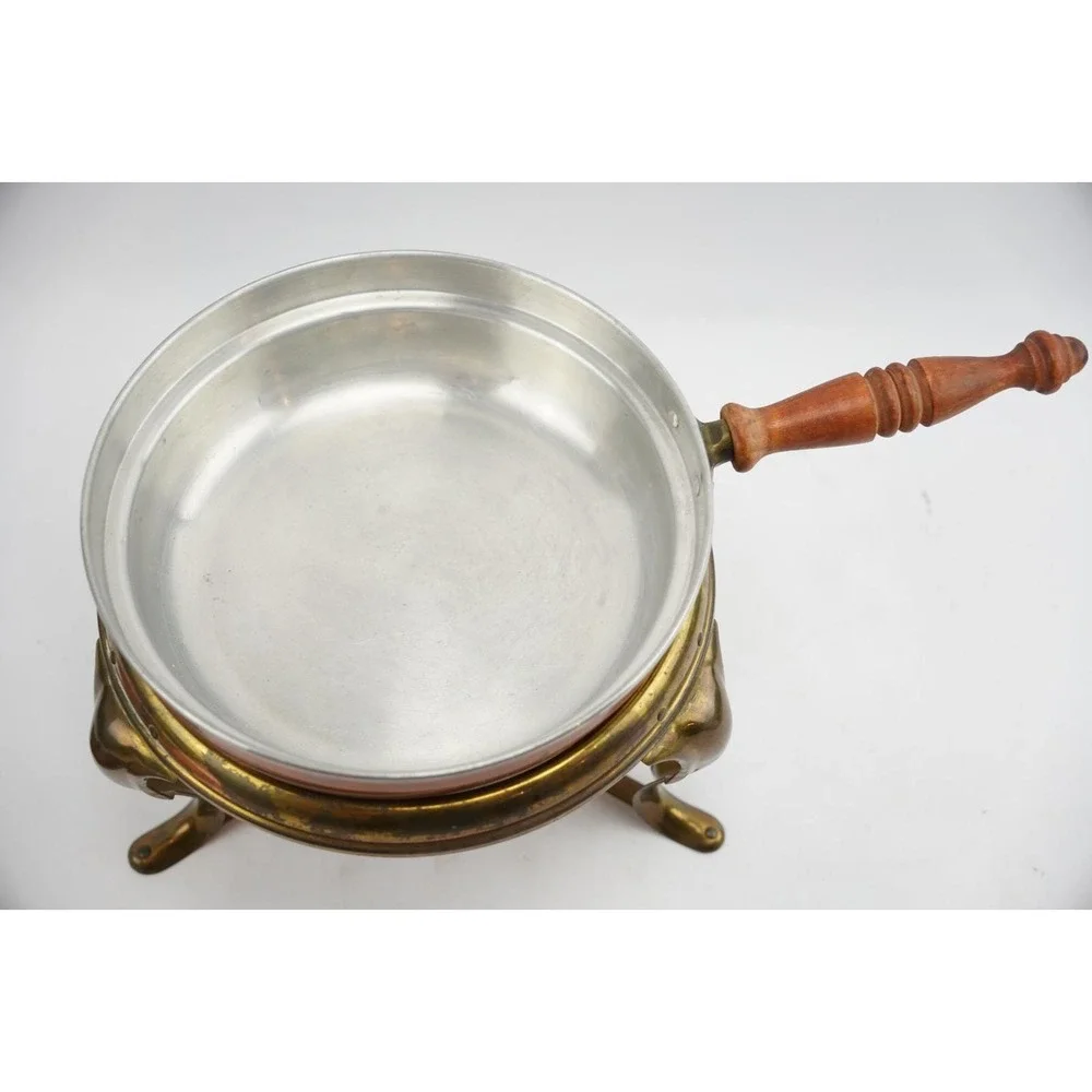 Vtg‎ Copper & Brass Skillet Chafing Warming Dish w/Stand, Lid, Sterno Holder